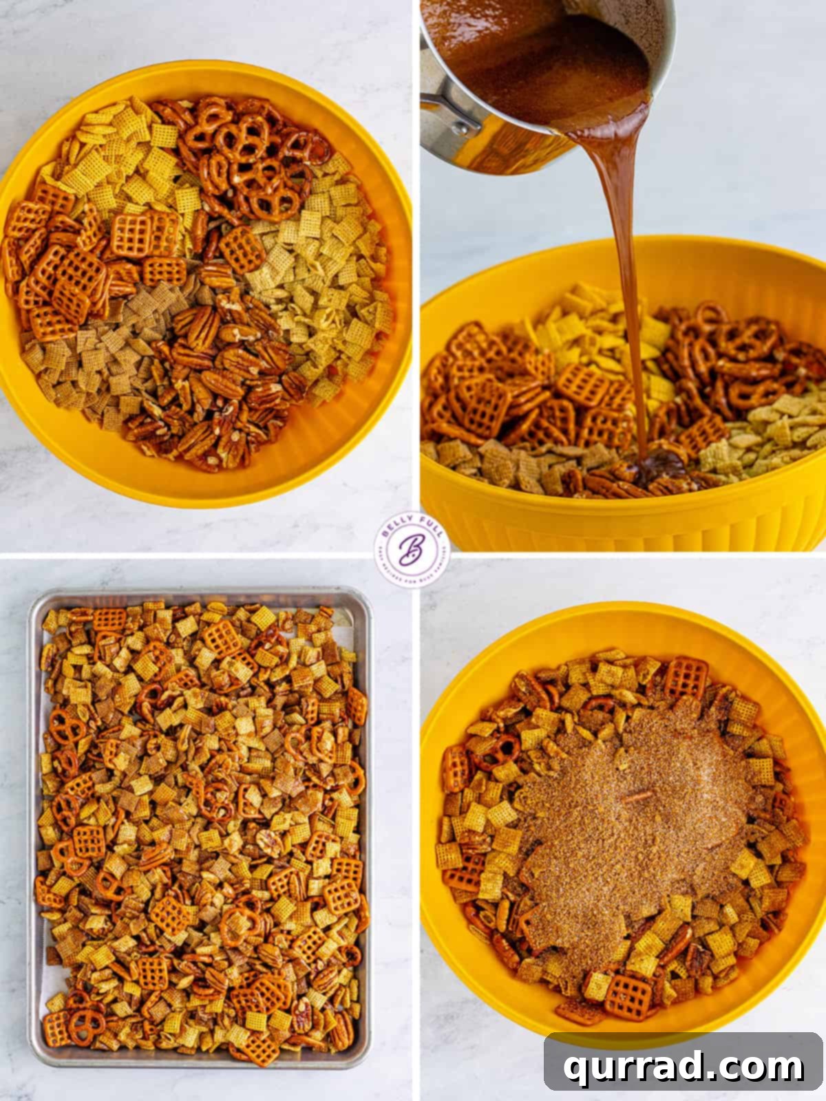Cinnamon Sugar Chex Mix is an addictive party snack mix with a crunchy and sweet cinnamon coating. Great for gift-giving! A step-by-step visual guide showing the process of making cinnamon sugar Chex mix.
