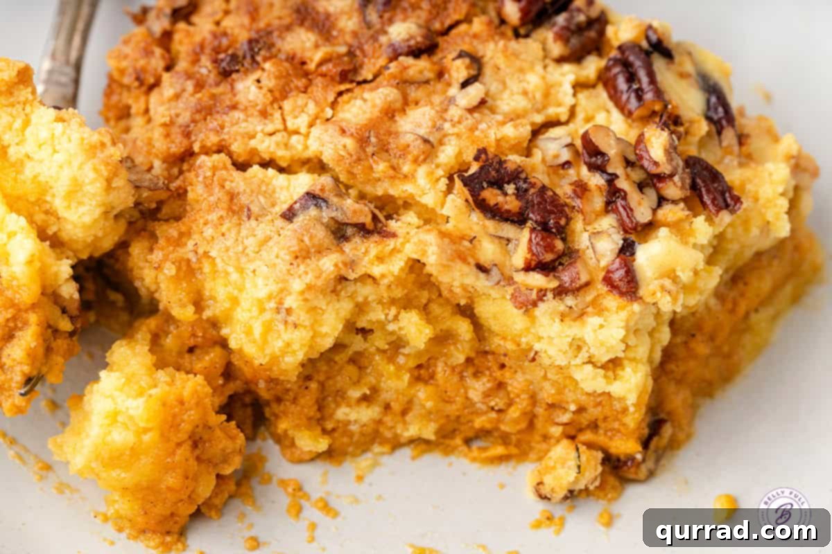 Golden Pumpkin Spice Streusel Bake 8 A warm, baked pumpkin dump cake in the pan, ready to be sliced and served, showcasing its golden crumble topping.