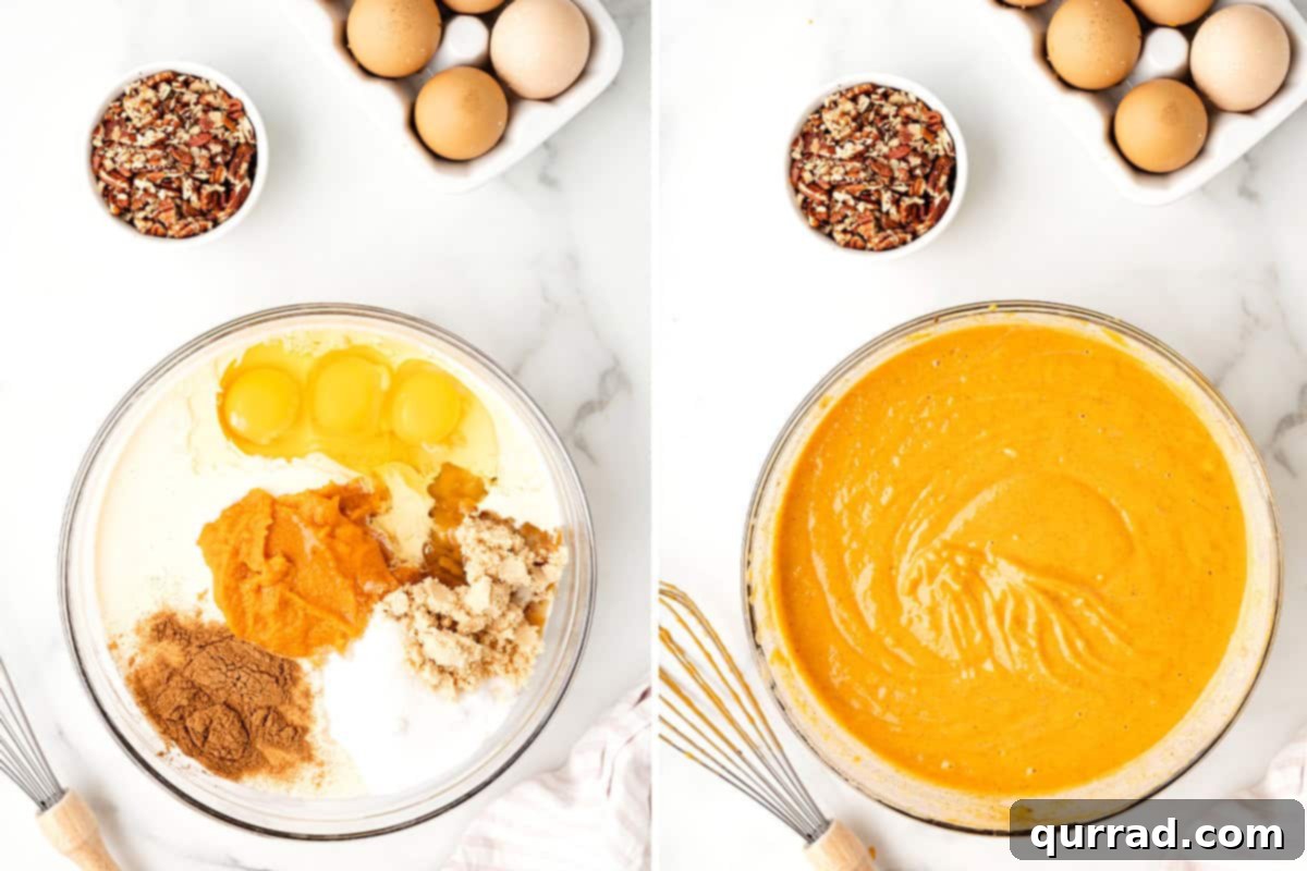 Golden Pumpkin Spice Streusel Bake 4 A large mixing bowl filled with pumpkin puree, evaporated milk, sugars, eggs, and pumpkin pie spice, being whisked together until smooth.