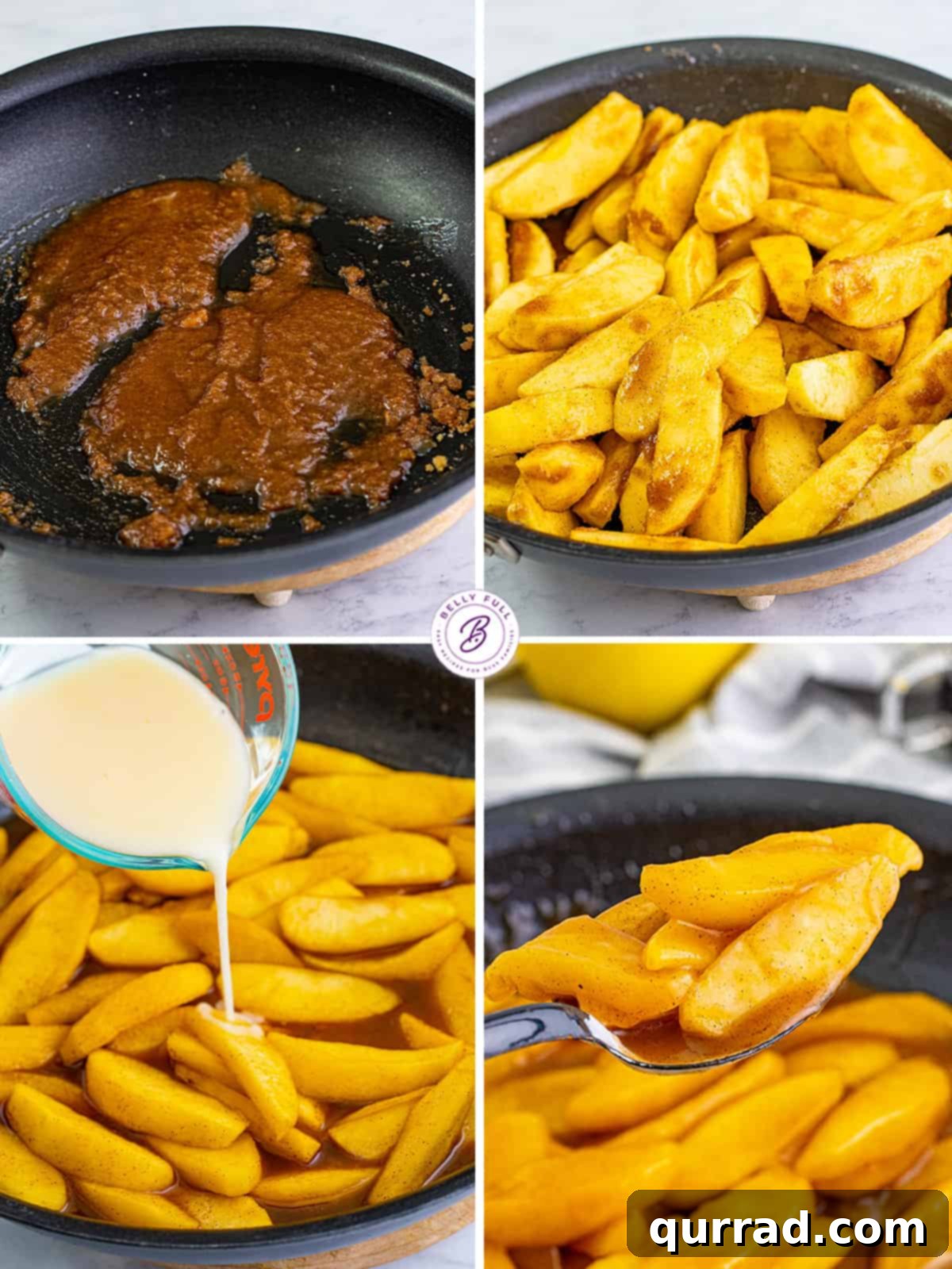 A sequence of three process shots showing the steps of making fried apples: melting butter and sugar, simmering apples, and thickening the sauce.
