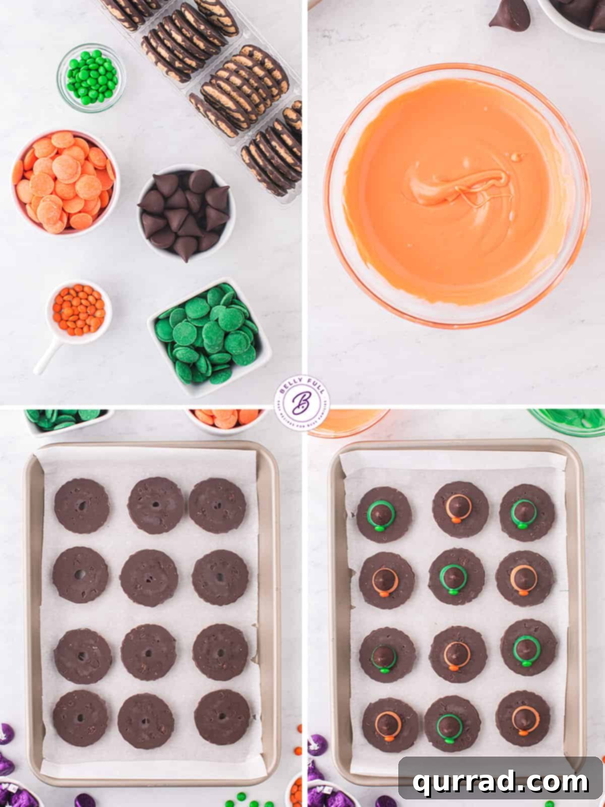 Process shots demonstrating how to assemble witch hat cookies, from melting chocolate to final decoration.