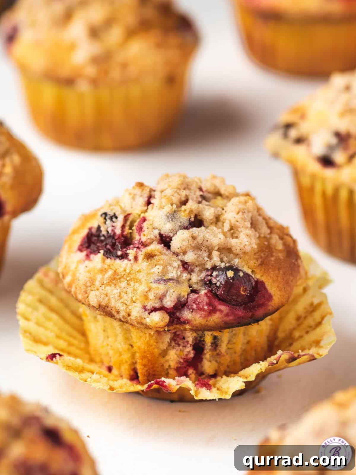 Made with tart cranberries, orange zest, and orange juice, these Cranberry Orange Muffins are bursting with flavor. Fluffy & moist! A close up of cranberry orange muffins out of the wrapper