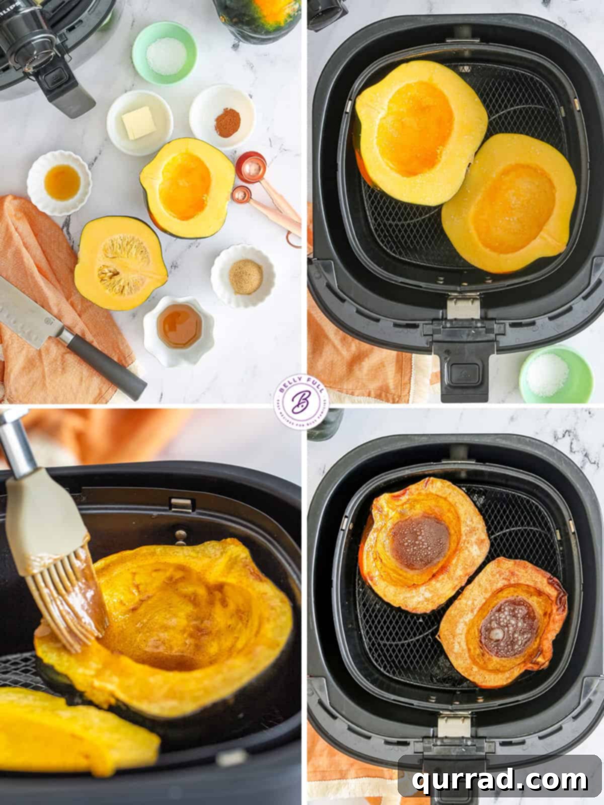 With just 4 ingredients, this Air Fryer Acorn Squash recipe turns squash into a flavorful, healthy side dish. Ready in just 30 minutes! Process shots demonstrating how to prepare and cook acorn squash in an air fryer, from cutting to seasoning.