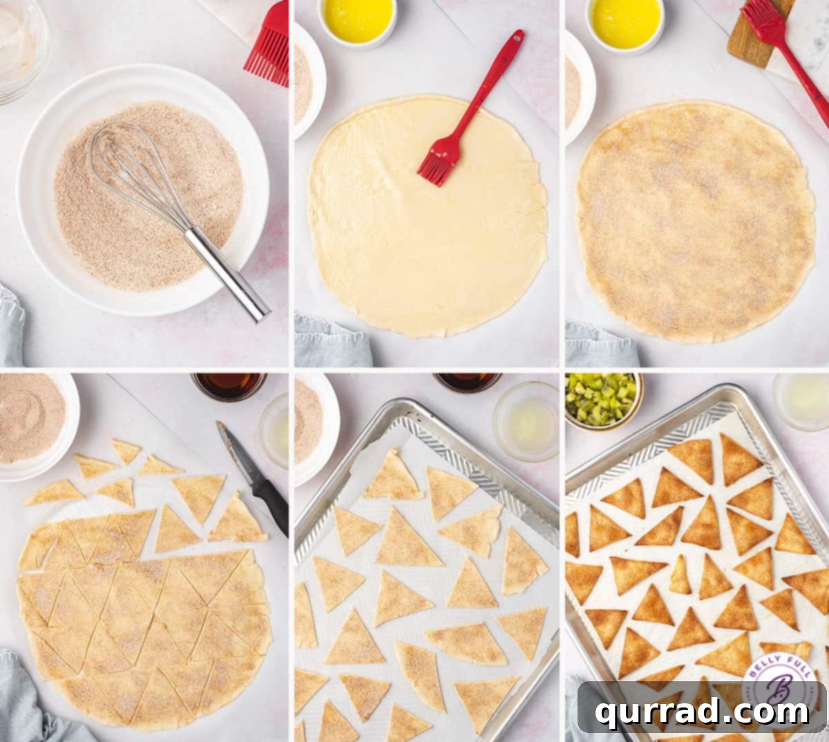 Fruit Salsa and Pie Crust Chips 5 Six step-by-step images demonstrating how to make cinnamon pie crust chips, from rolling dough to baking.