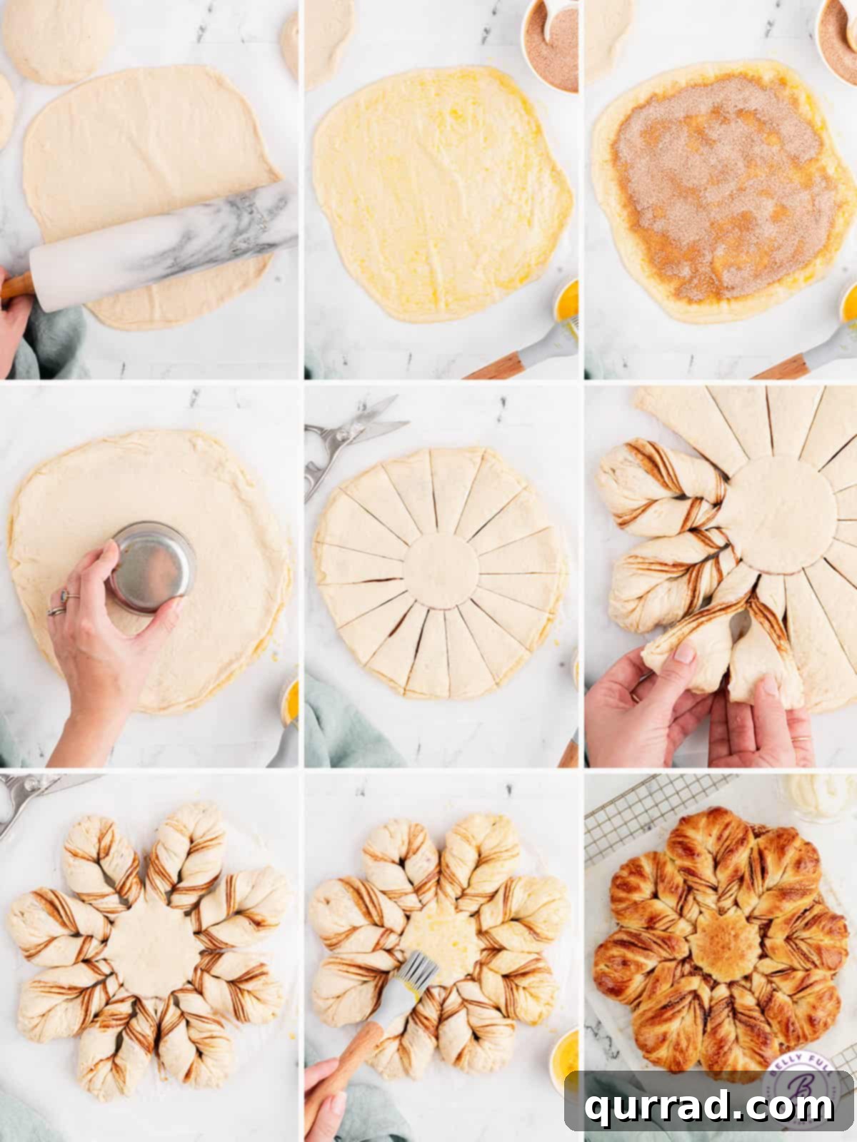 Step-by-step visuals for creating the beautiful star shape of the bread. Process shots showing how to layer and cut cinnamon sugar star bread dough