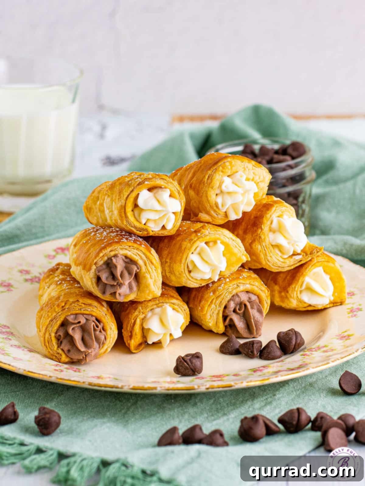 A plate piled with vanilla and chocolate cream horns, showcasing their golden-brown, flaky exterior and creamy filling