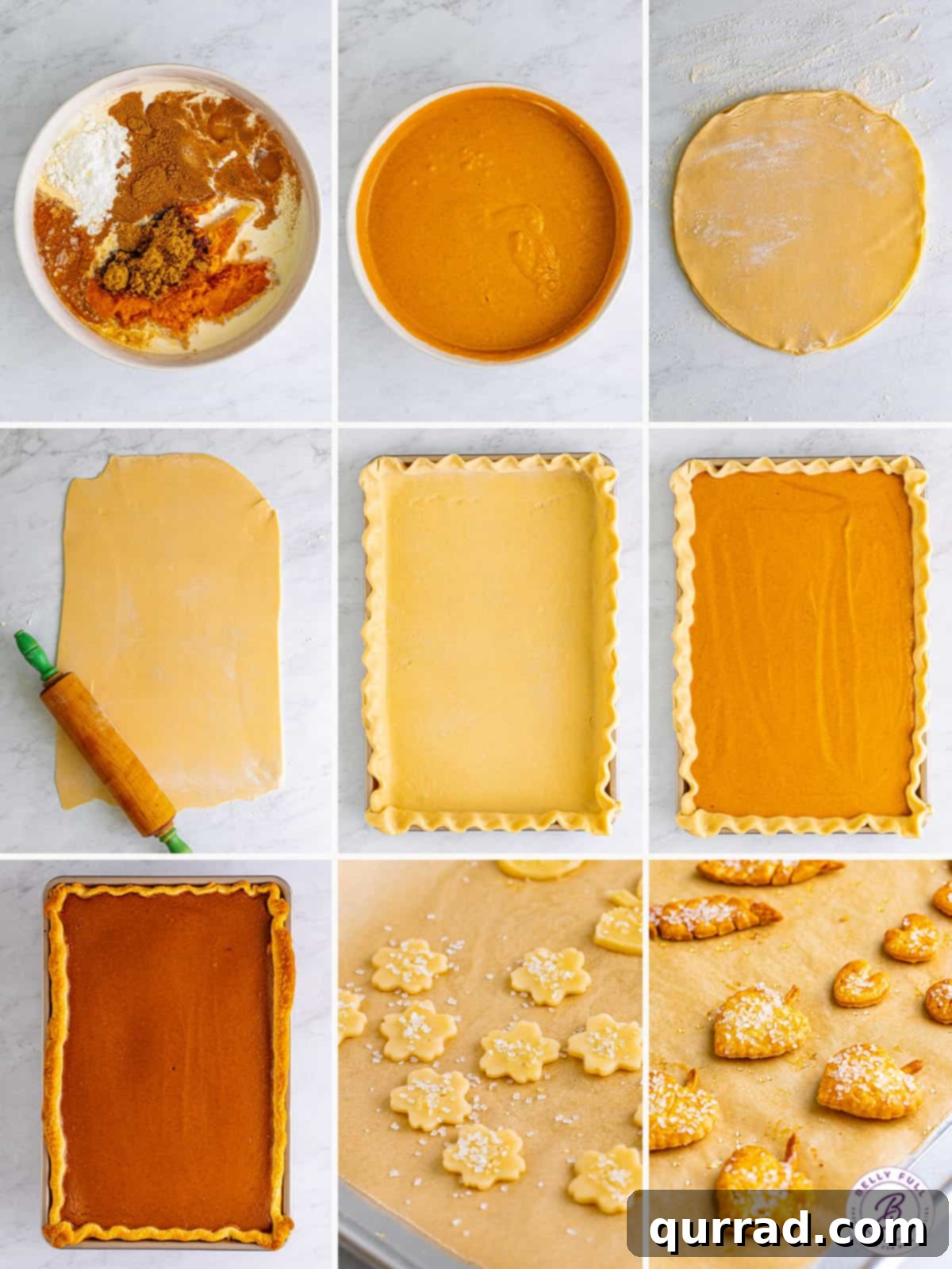 Follow these easy process shots to bake your own delicious and simple Pumpkin Slab Pie. A visual collage showing the step-by-step process of preparing a pumpkin slab pie, from rolling the crust to pouring the filling.