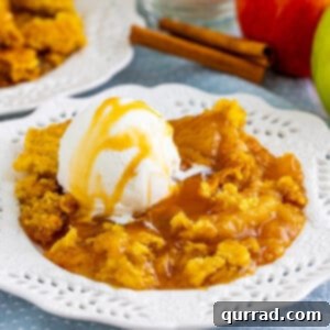 A close-up of a serving of warm caramel apple dump cake, topped with a scoop of vanilla ice cream and a drizzle of extra caramel sauce in a white bowl.