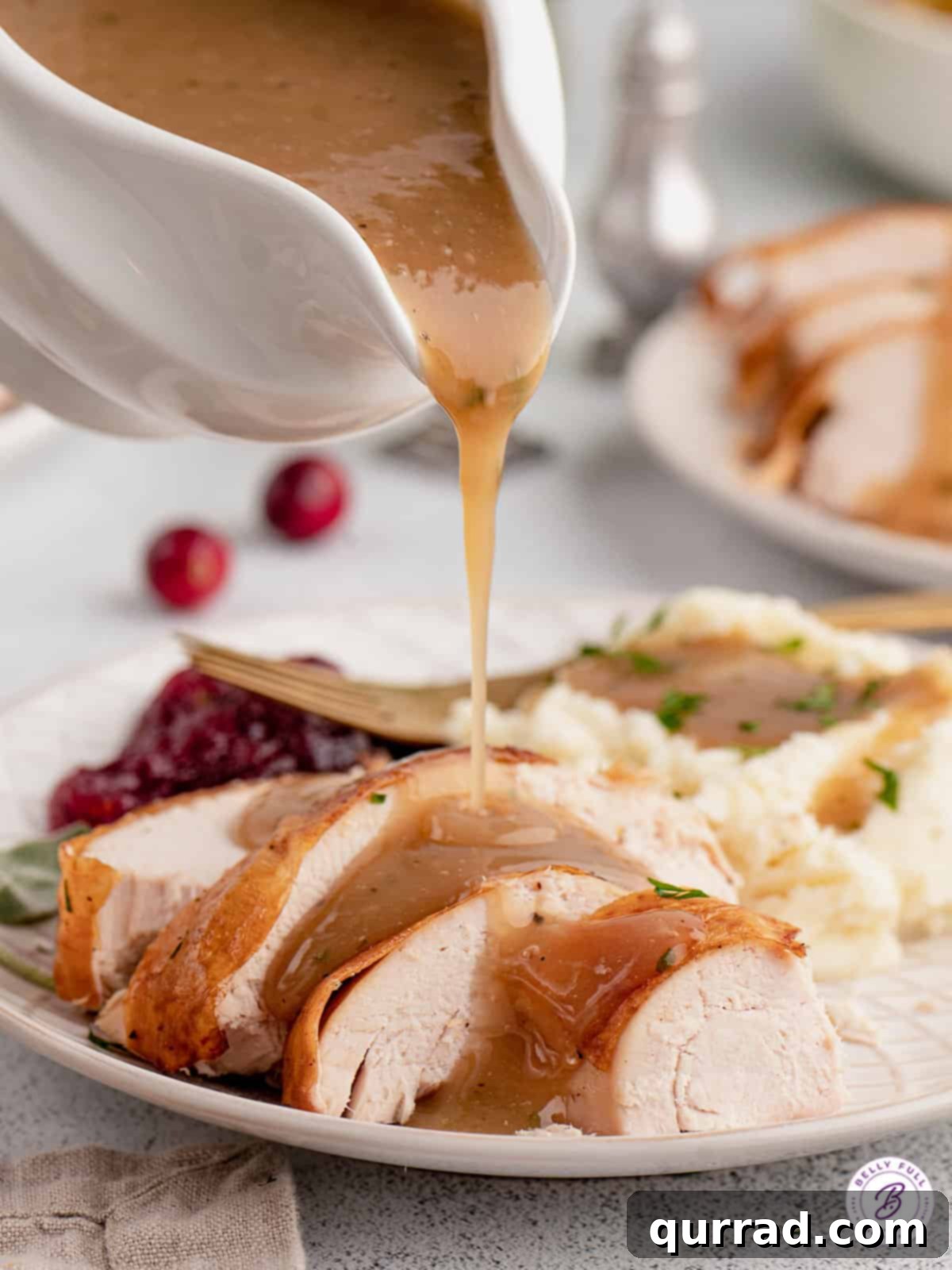 Rich, golden-brown gravy being generously poured over succulent slices of roasted turkey, ready to be served for a festive meal.