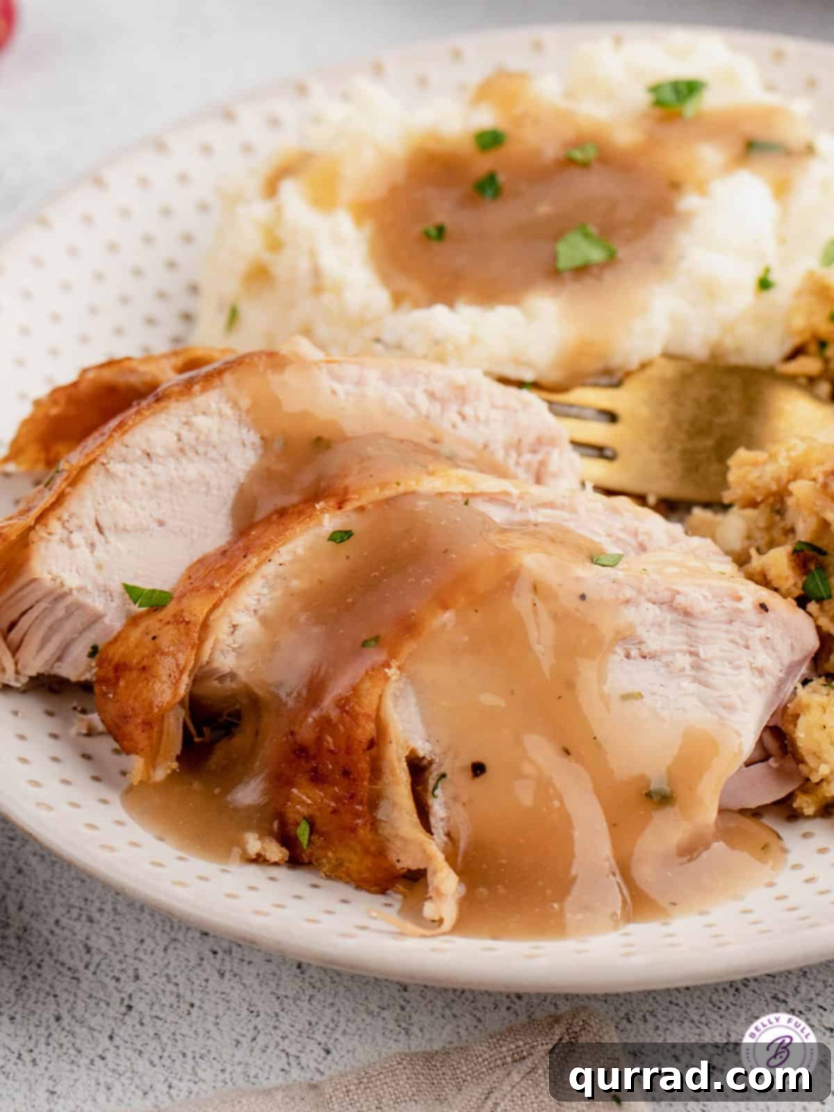 An inviting overhead view of succulent slices of roasted turkey, elegantly drizzled with homemade gravy and ready to be enjoyed.