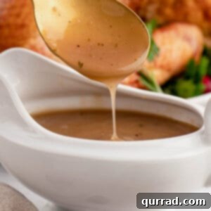 A spoon of turkey gravy over a gravy bowl