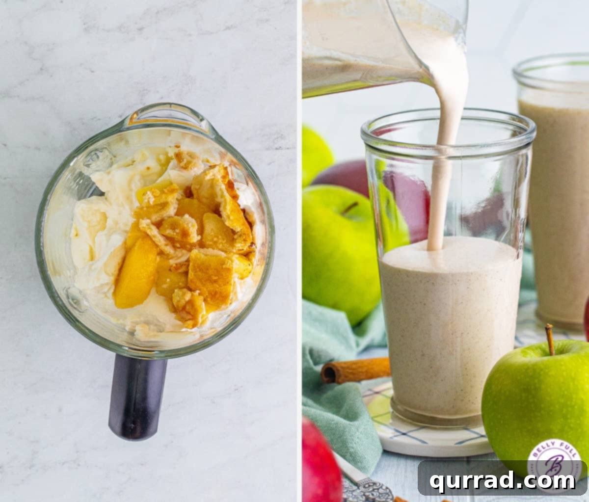 A visual guide showing the steps to create an apple pie milkshake, from whipping cream to blending ingredients.