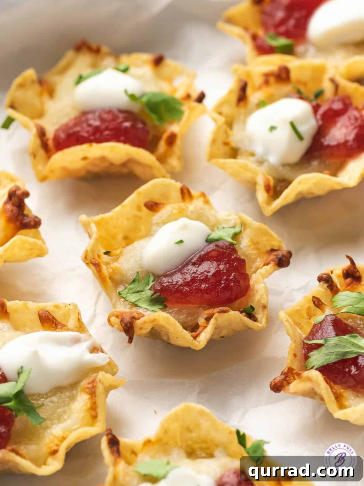 The perfect mix of Tex-Mex and Thanksgiving flavors in every bite, these Thanksgiving Nachos are a great way to use Thanksgiving leftovers. Close-up of golden Thanksgiving nachos topped with turkey, cheese, cranberry sauce, sour cream, and fresh cilantro, showing individual scoops.