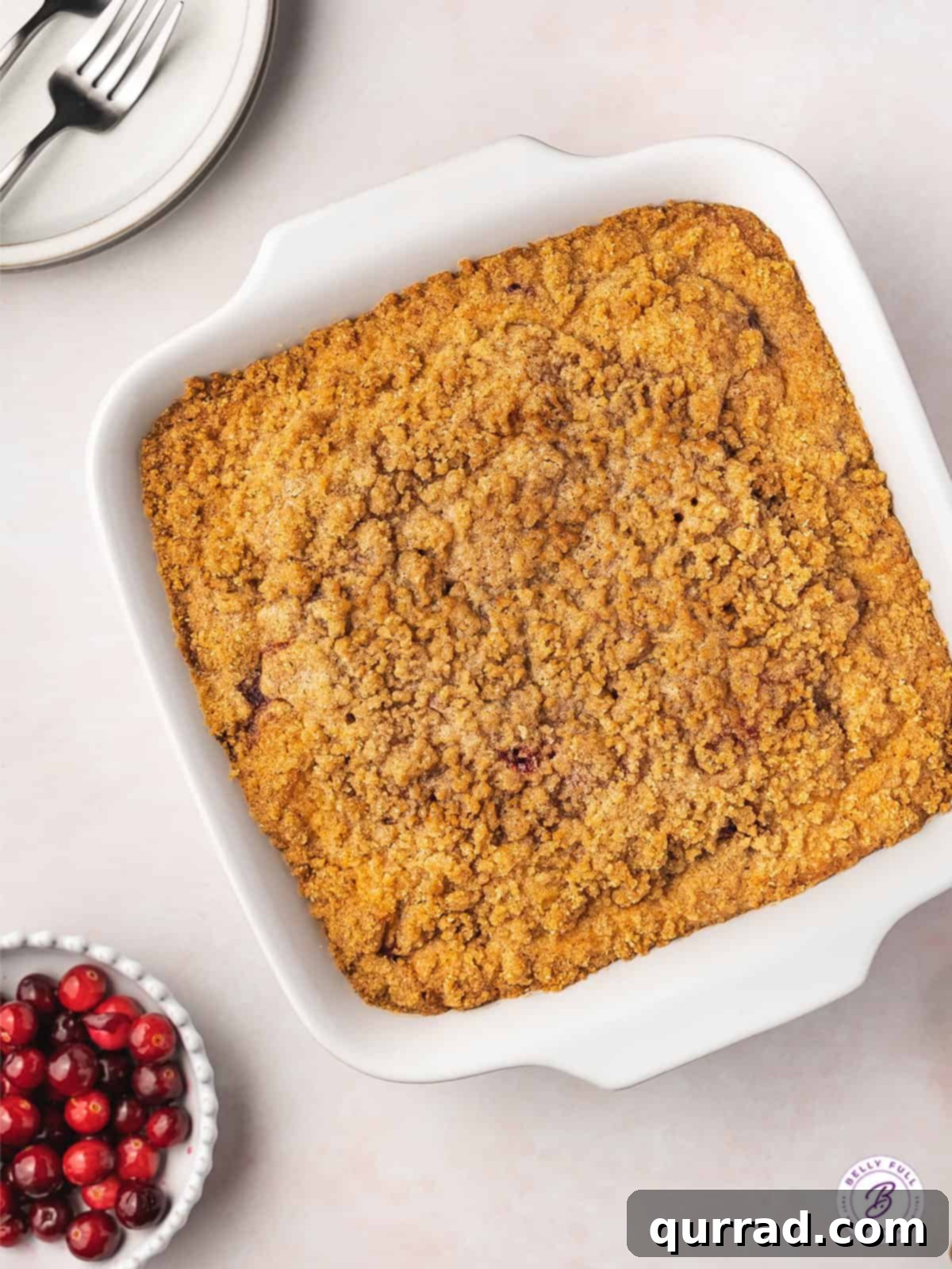 Sweet-Tart Cranberry Crumble Cake 3 overhead coffee cake with streusel topping in white casserole dish