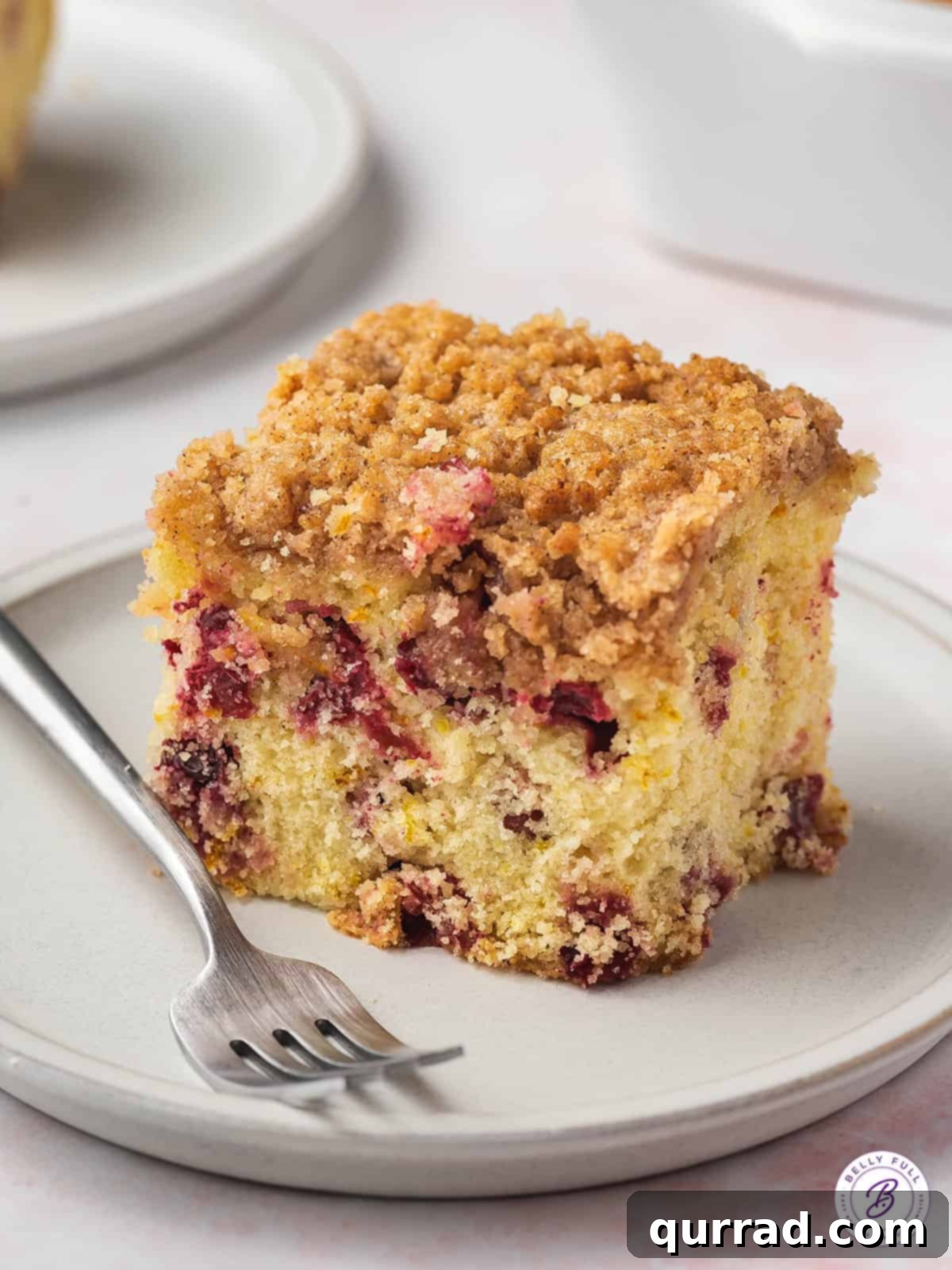 Sweet-Tart Cranberry Crumble Cake 5 square slice of cranberry buckle coffee cake on white plate