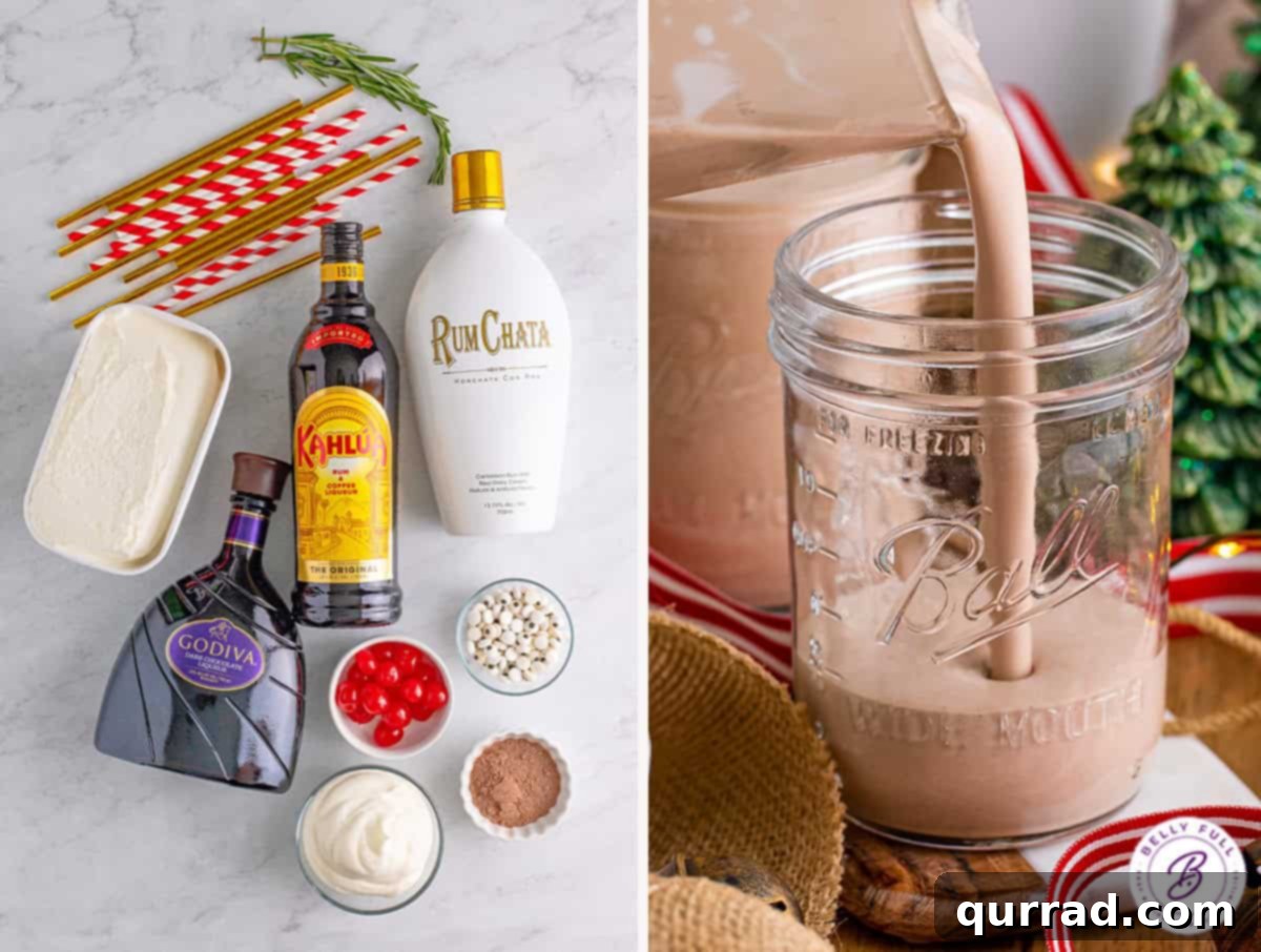 Made with 3 types of liquor and vanilla ice cream, this Drunk Rudolph Milkshake is the Christmas cocktail you didn't know you needed. Ingredients for Drunk Rudolph Milkshake laid out, with a milkshake being poured into a mason jar.