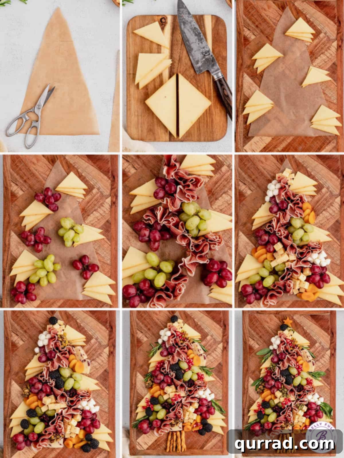 Visual instructions detailing the creation of a stunning Christmas Tree Charcuterie Board, from initial layout to final decoration. A step-by-step photographic guide showing the process of assembling a Christmas Tree Charcuterie Board on a cutting board.