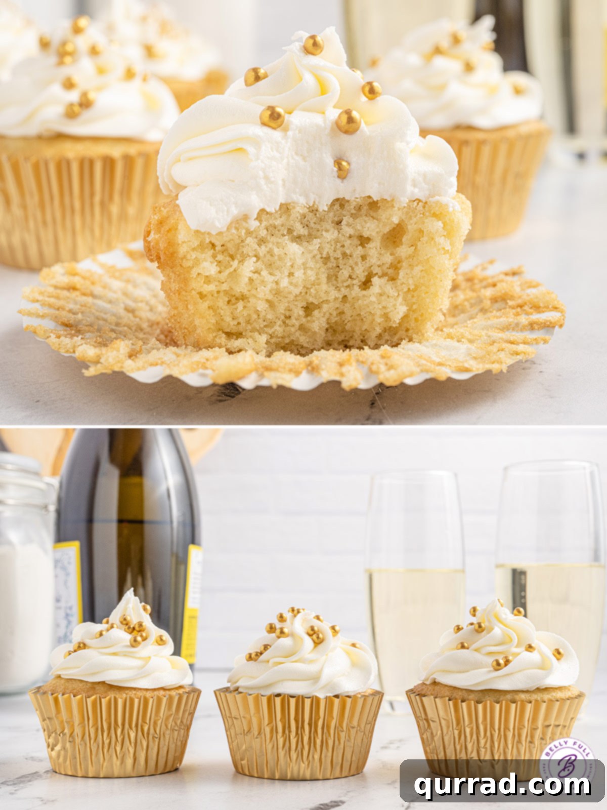 These moist, fluffy Prosecco Cupcakes are topped with a smooth buttercream frosting. An easy New Year's Eve dessert! Two photos of champagne cupcakes, showcasing the beautiful frosting and festive sprinkles.
