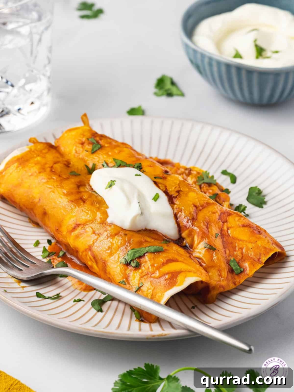 Two ground beef enchiladas served on a white plate, garnished with fresh cilantro and a dollop of sour cream.
