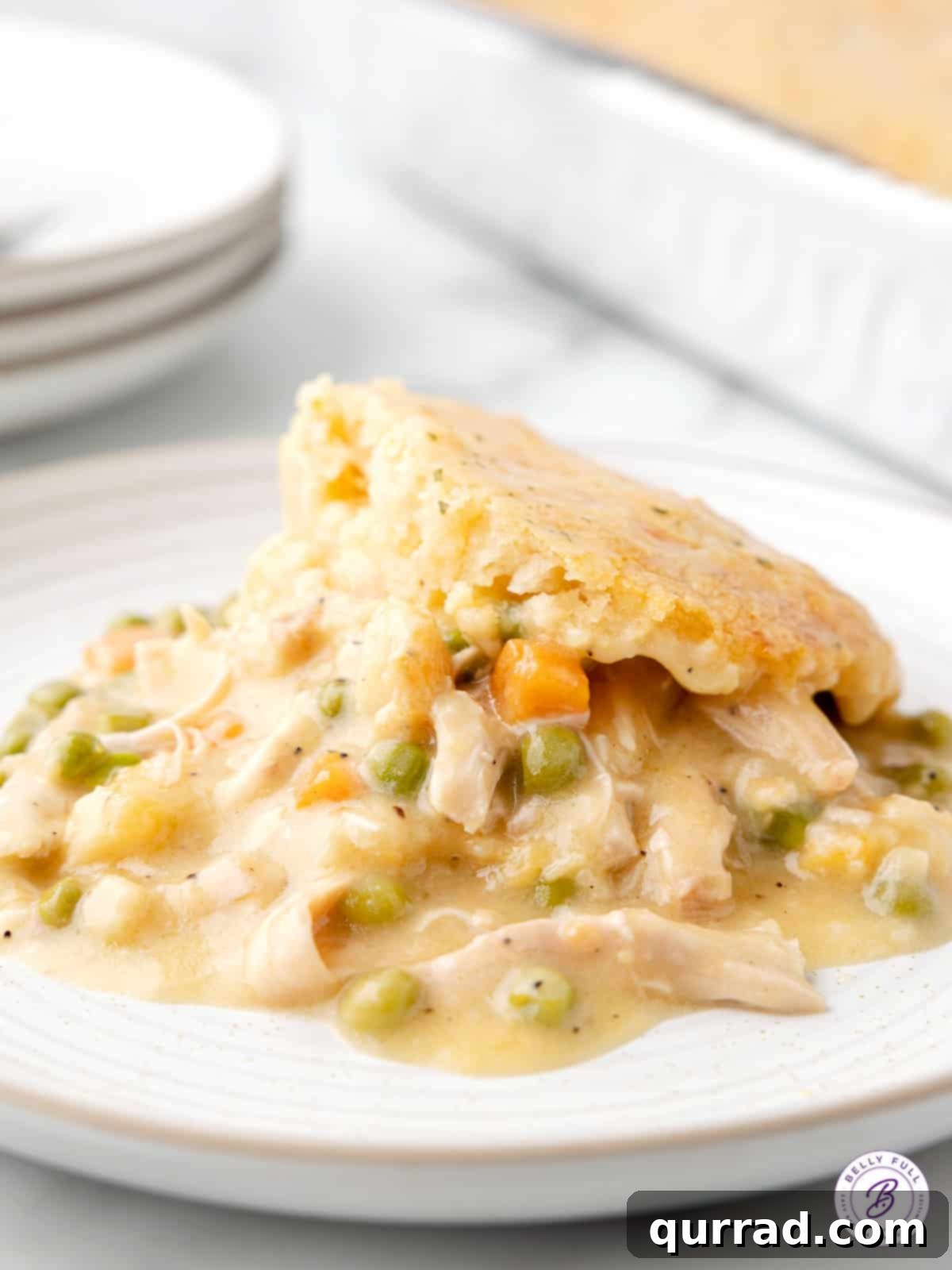 Chicken & Biscuit Pot Pie 2 serving of chicken pot pie cobbler on white plate