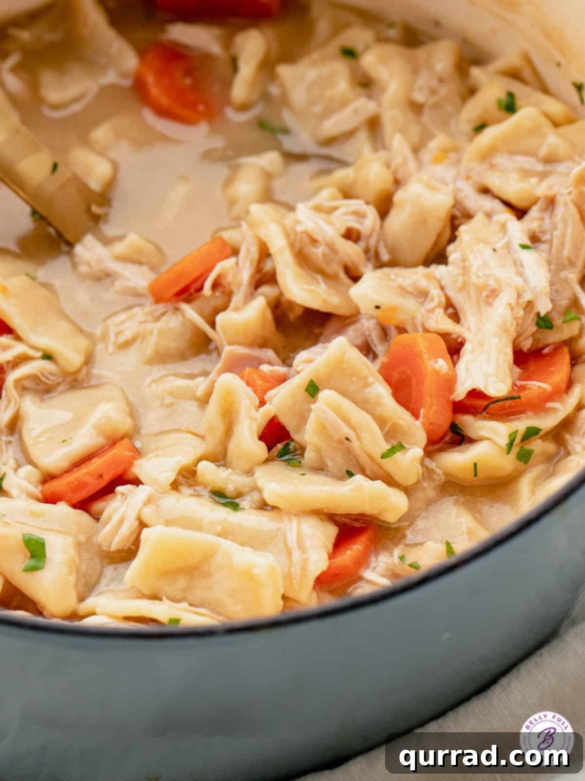 Homemade Chicken and Dumplings is a classic comfort food dish. This easy version is made with tender egg noodles & rotisserie chicken. Close-up of a pot of chicken and dumplings.