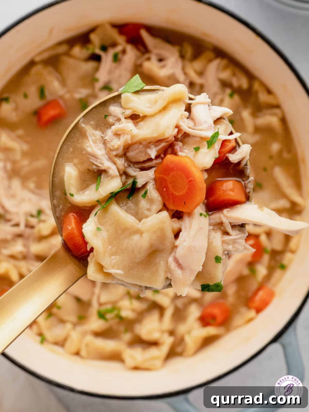 Homemade Chicken and Dumplings is a classic comfort food dish. This easy version is made with tender egg noodles & rotisserie chicken. A ladle of chicken and dumplings over a pot.