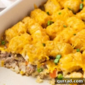 Close-up of a hamburger tater tot casserole with half of it missing, showcasing golden tater tots and melted cheese.