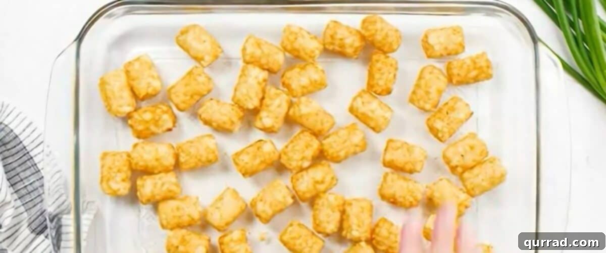 Golden Cheeseburger Tater Tot Bake 3 Spreading tater tots evenly in a baking dish to create the bottom crust.