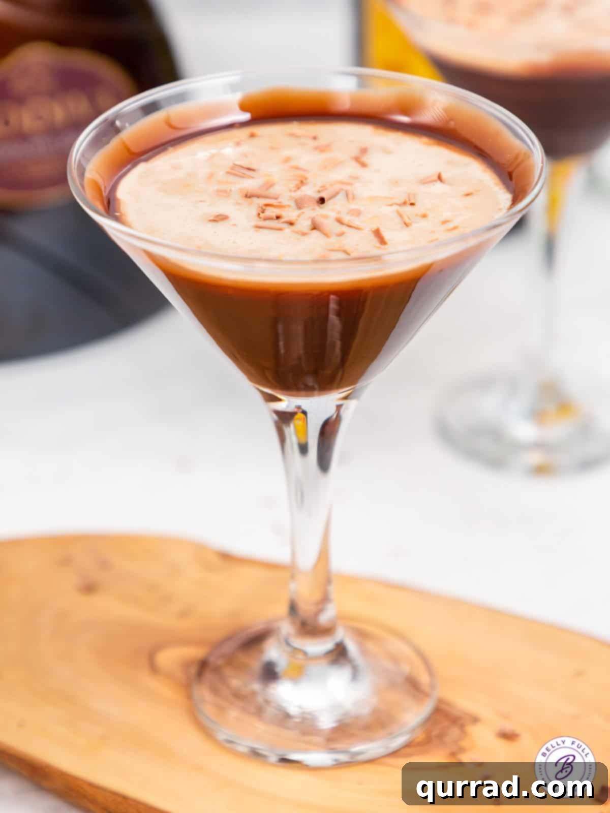 Velvet Cocoa Indulgence 2 chocolate martini garnished with chocolate shavings