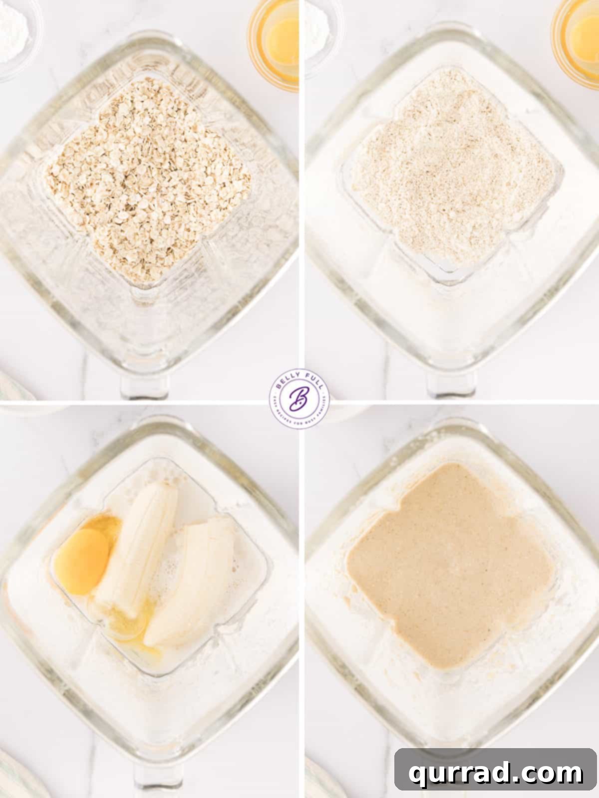 Blended Baked Oats: Step-by-step guide to a perfect breakfast. Four process shots showing the steps to make blended baked oatmeal, from blending oats to mixing in blueberries and baking.