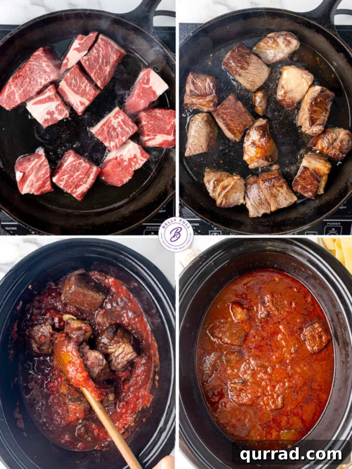 Process shots of how to make slow cooker beef ragu