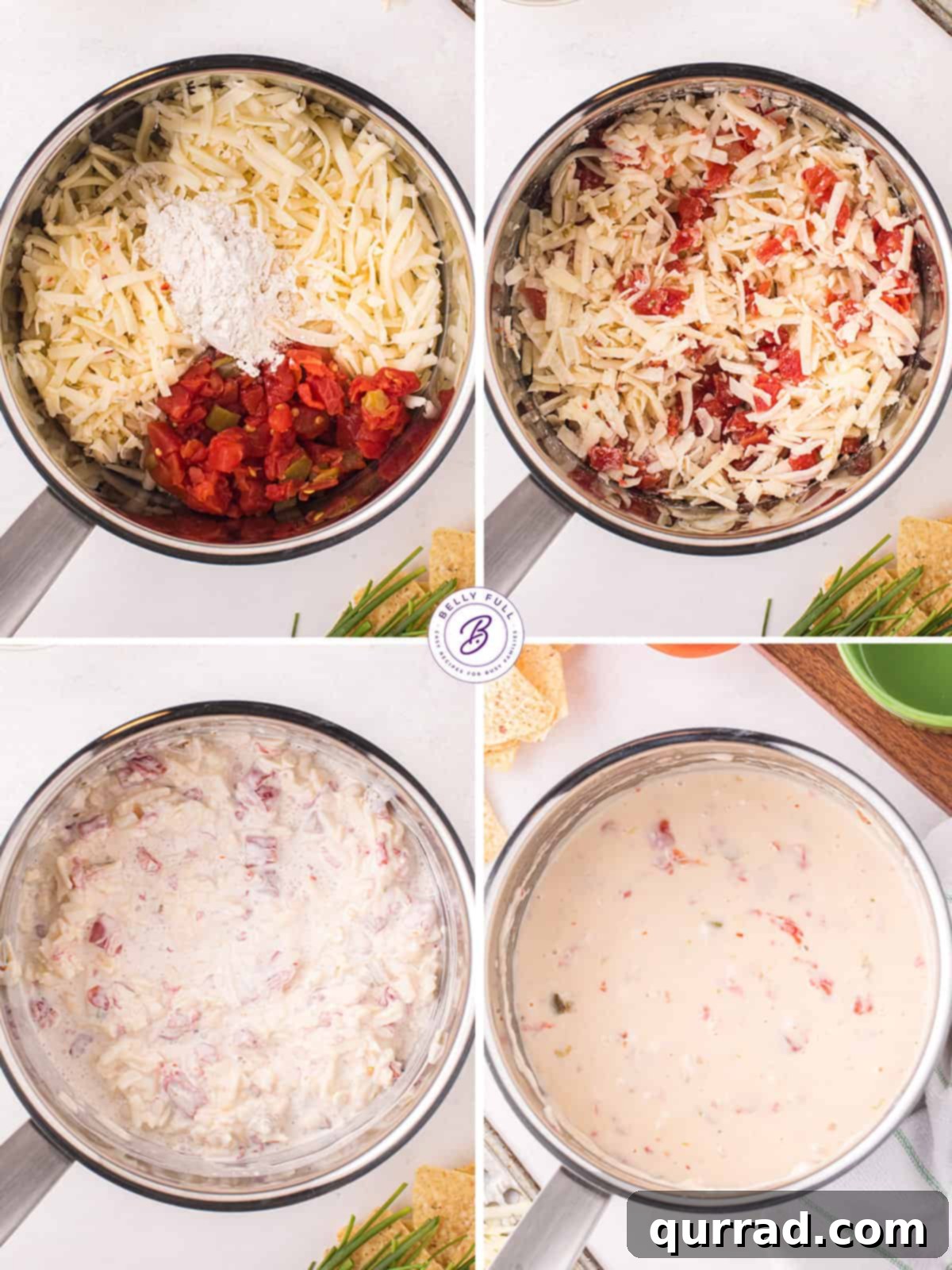 A step-by-step collage demonstrating how to prepare homemade white queso dip, from combining ingredients to final melting.