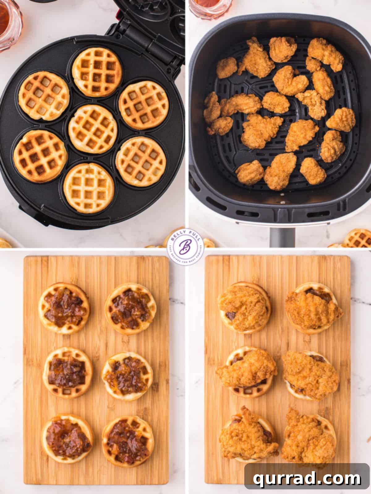 Visual Guide: Making Chicken and Waffle Sliders Step-by-Step. Step-by-step process of assembling chicken and waffle sliders, from waffle prep to final assembly.