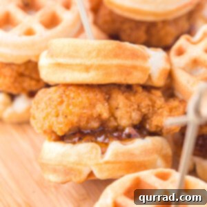 Close up of a chicken and waffle slider