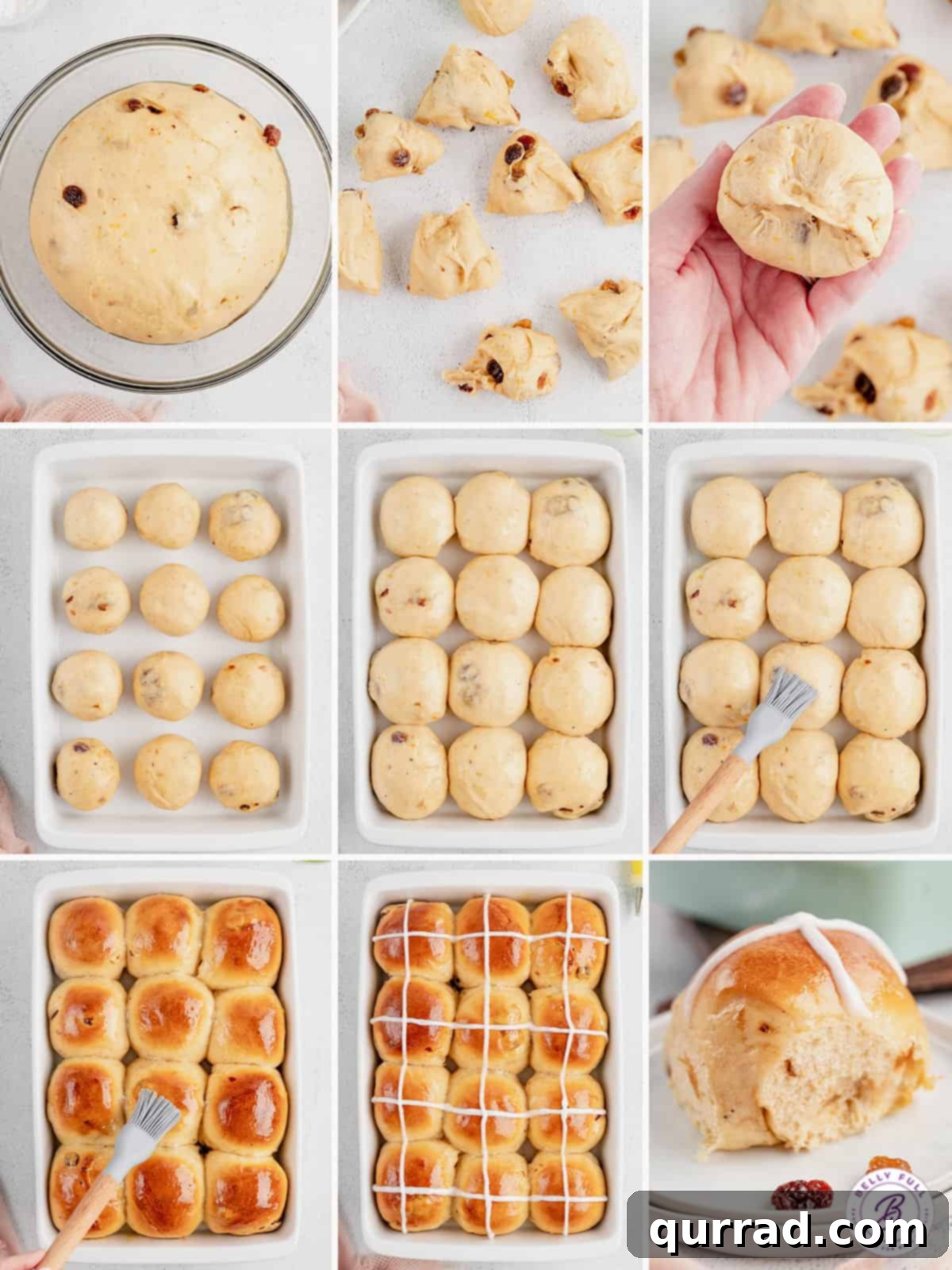 These soft and fluffy Hot Cross Buns are filled with plump juicy raisins, brushed with an orange glaze, and topped with a icing cross. Process shots of how to make hot cross buns