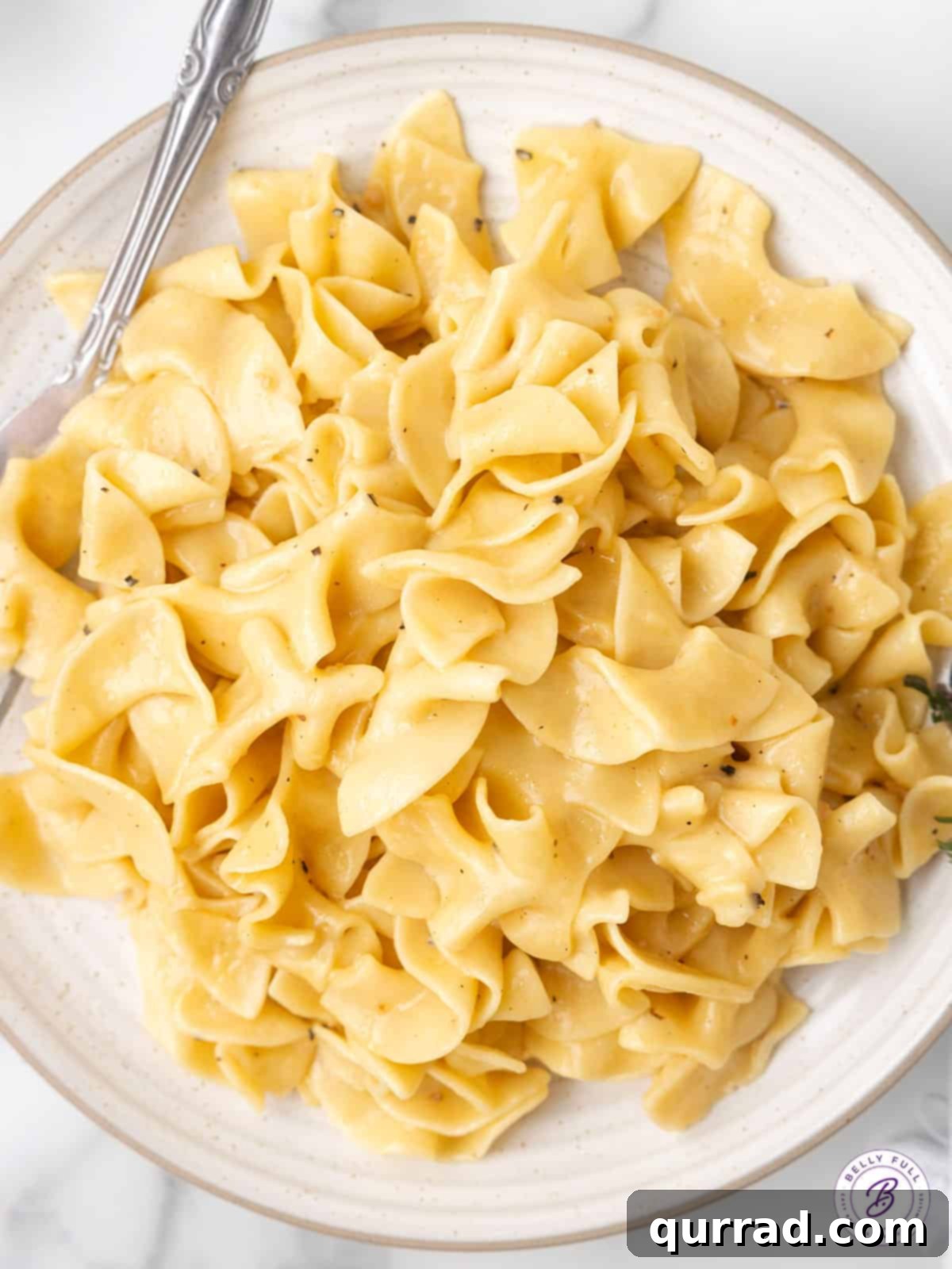 Cafeteria Noodles are a popular side dish made with egg noodles, cream of chicken soup, broth, and butter. Ready in 20 minutes! Overhead view of a comforting plate of creamy cafeteria noodles, garnished lightly