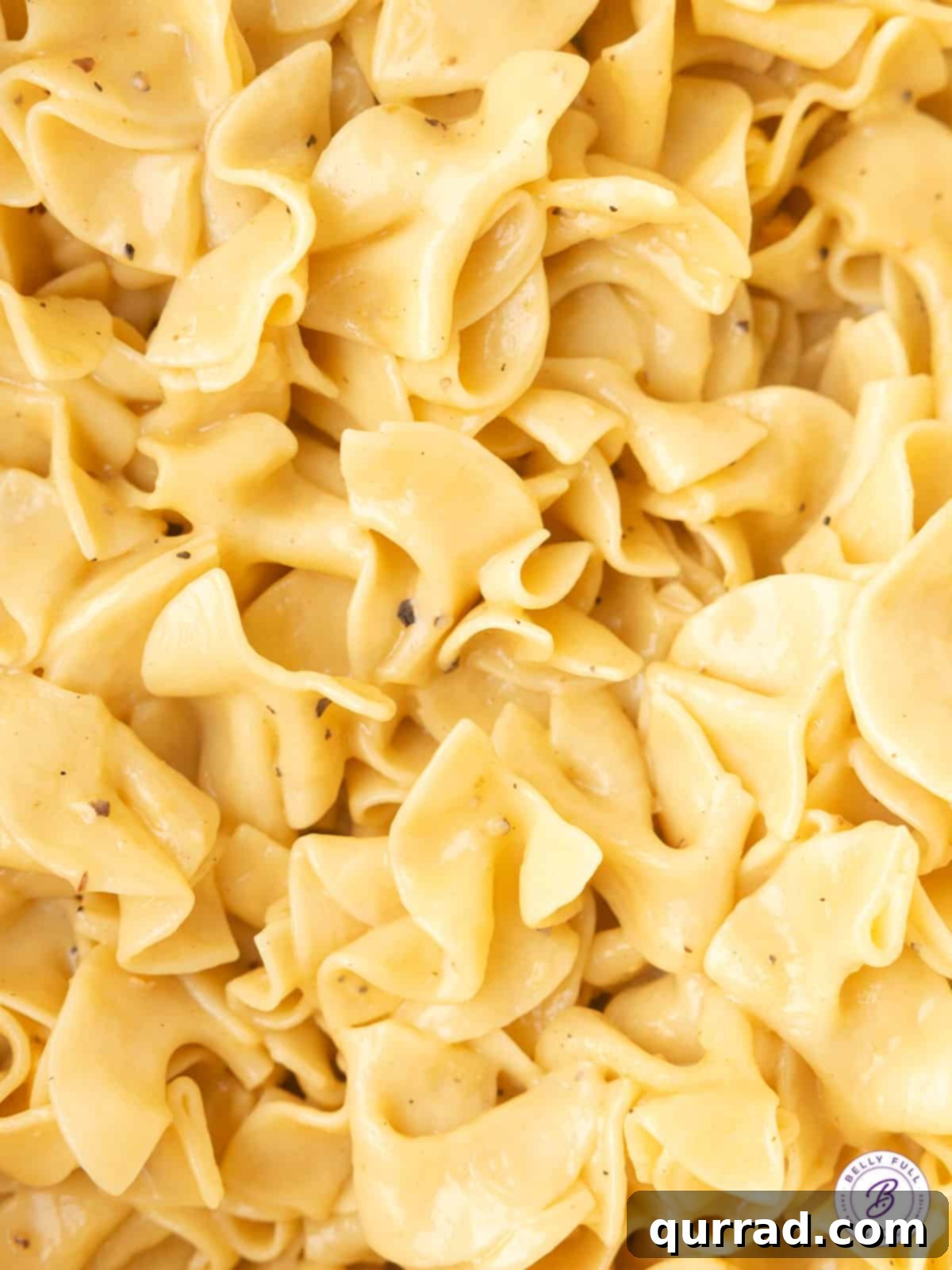Cafeteria Noodles are a popular side dish made with egg noodles, cream of chicken soup, broth, and butter. Ready in 20 minutes! Close up shot of creamy cafeteria egg noodles in a bowl, showcasing their delicious texture