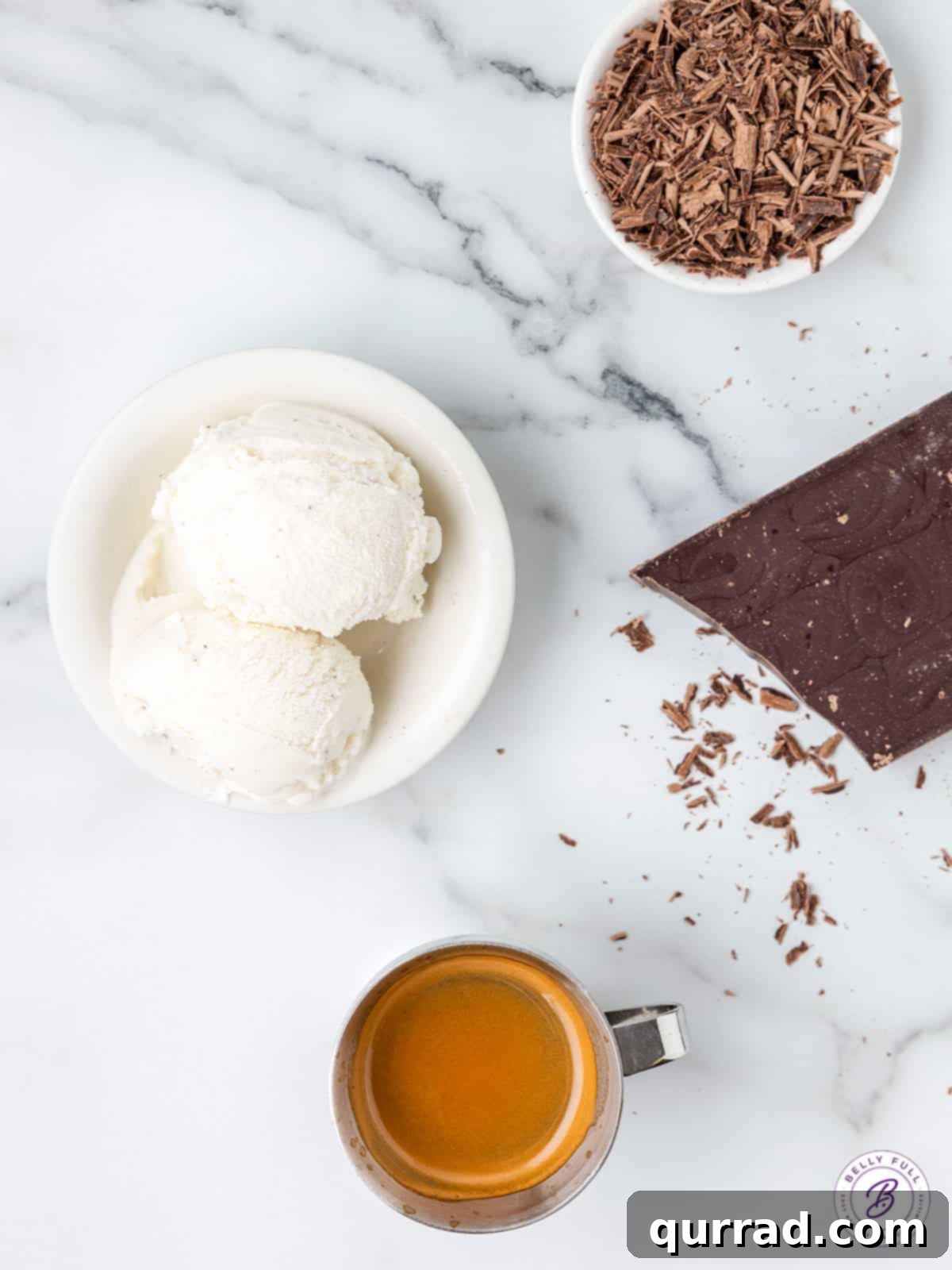 Make the perfect Affogato at home with just two ingredients - espresso and ice cream. Top with chocolate shavings for the perfect dessert. Close-up image of the simple ingredients needed for Affogato: espresso and vanilla ice cream.