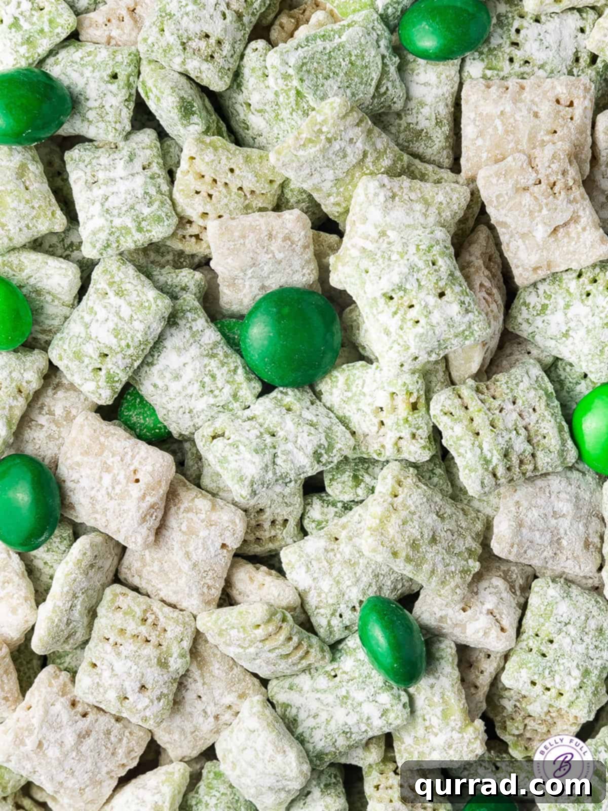 Grubby Fortune Friends 4 close up powdered sugar chex cereal with green M&Ms candy