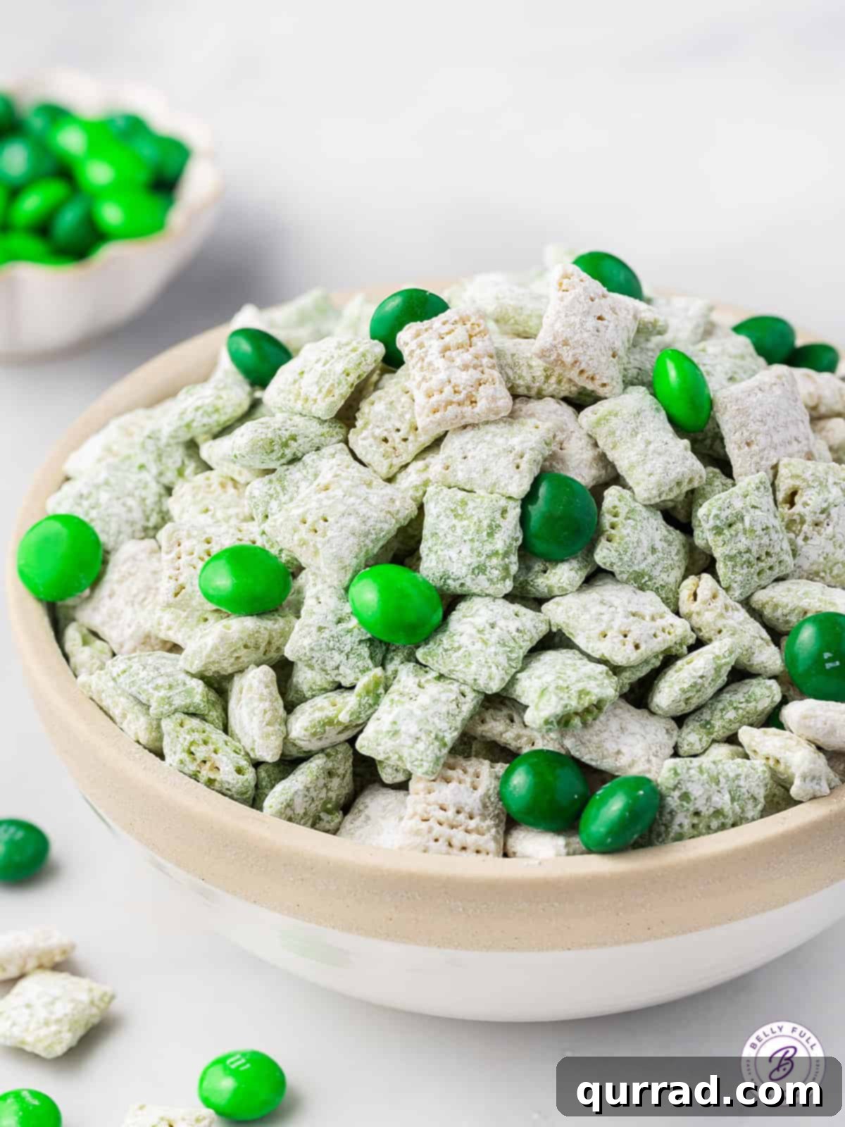Grubby Fortune Friends 5 Bowl of St. Patricks Day Muddy Buddies with green M&Ms
