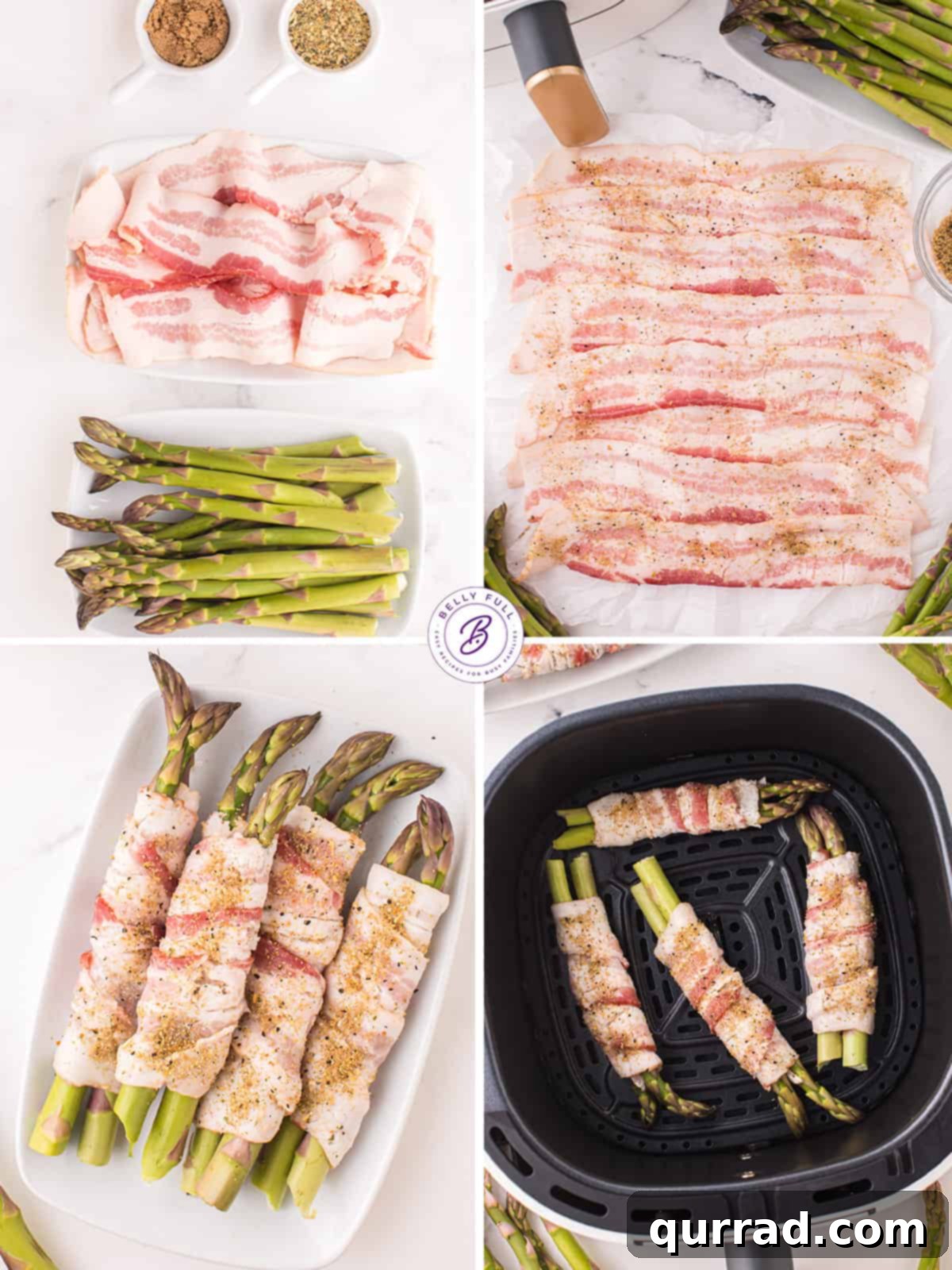 Step-by-Step: Air Fryer Bacon Wrapped Asparagus Preparation Process shots of preparing and cooking bacon wrapped asparagus in the air fryer