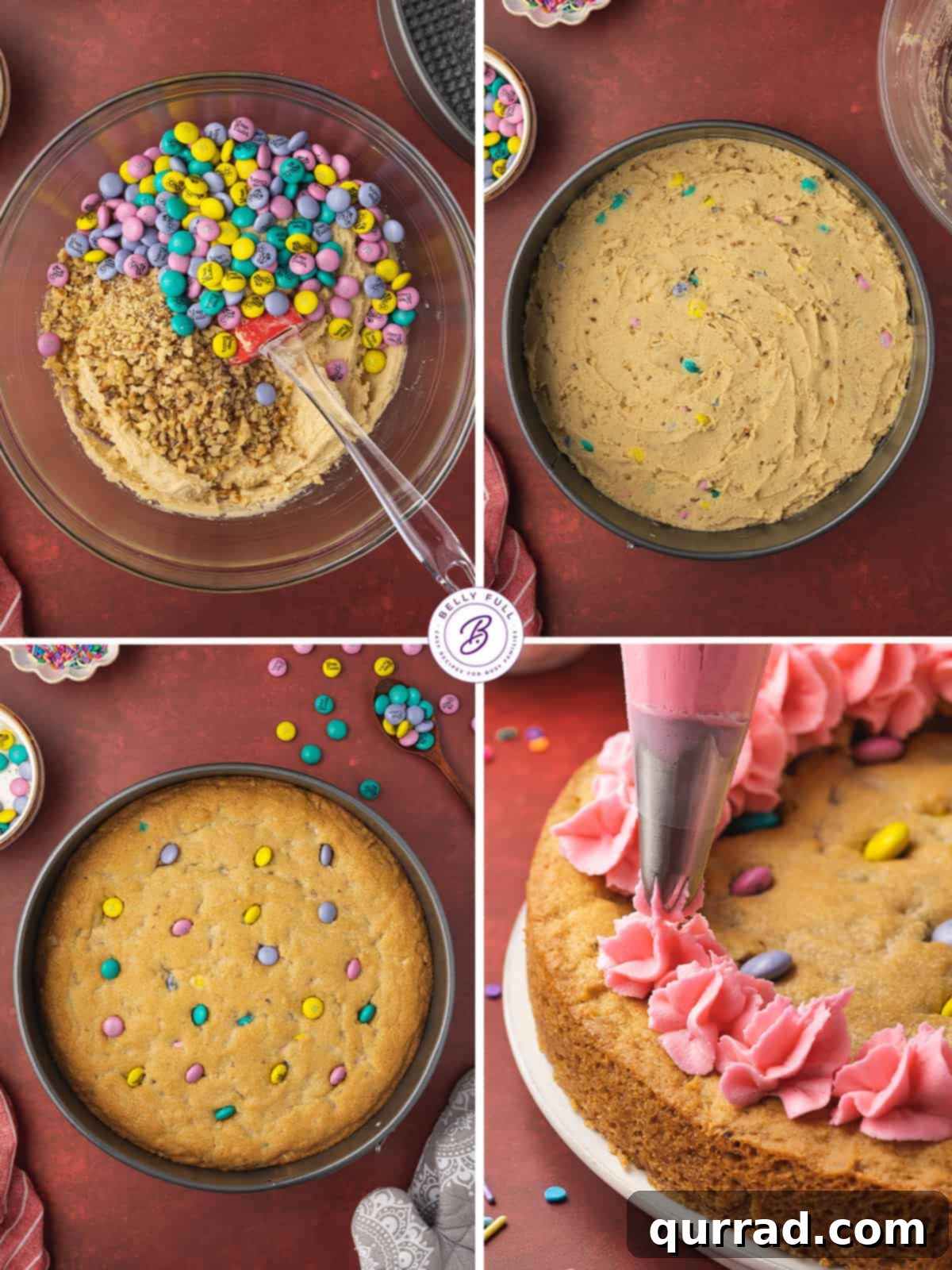 Process shots showing steps to make an M&M cookie cake, from mixing dough to baking.