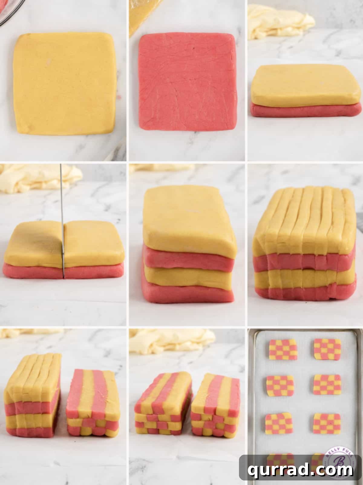These fun Checkerboard Icebox Cookies are perfect for springtime or Easter and look so impressive on a buffet table. Process shots demonstrating how to layer and cut dough to create the iconic checkerboard pattern for these delicious icebox cookies.
