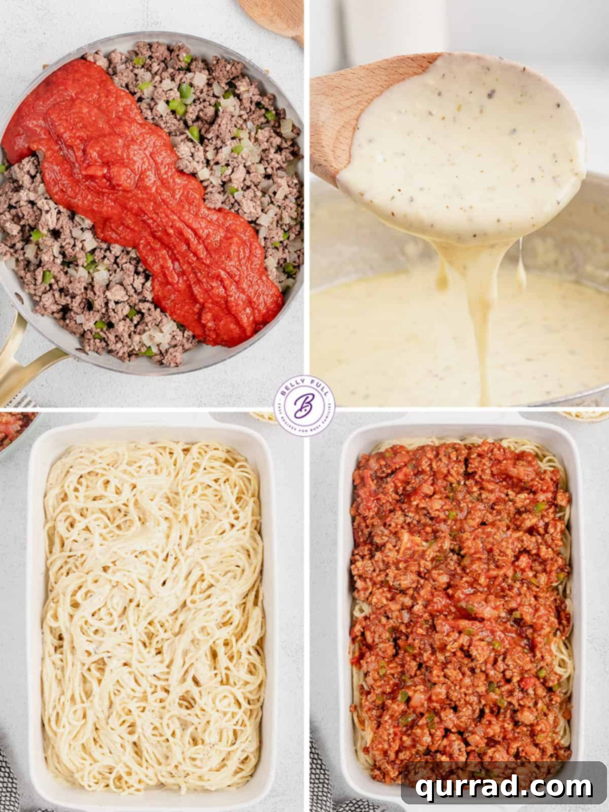 Made with spaghetti, marinara meat sauce, and homemade alfredo sauce, this Million Dollar Spaghetti Alfredo is an easy weeknight dinner. Process shots of how to make TikTok Million dollar spaghetti, showing ingredients being mixed in bowls