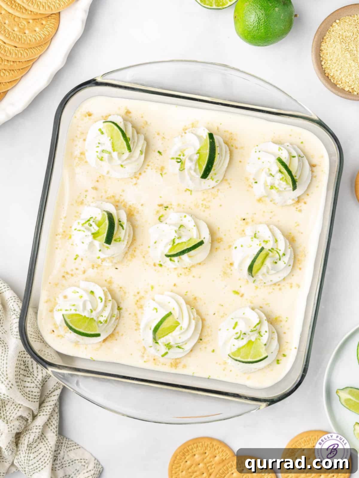 Lemon Icebox Cake 8 An overhead view of a Mexican lime icebox cake in a square dish, adorned with lime slices and zest.