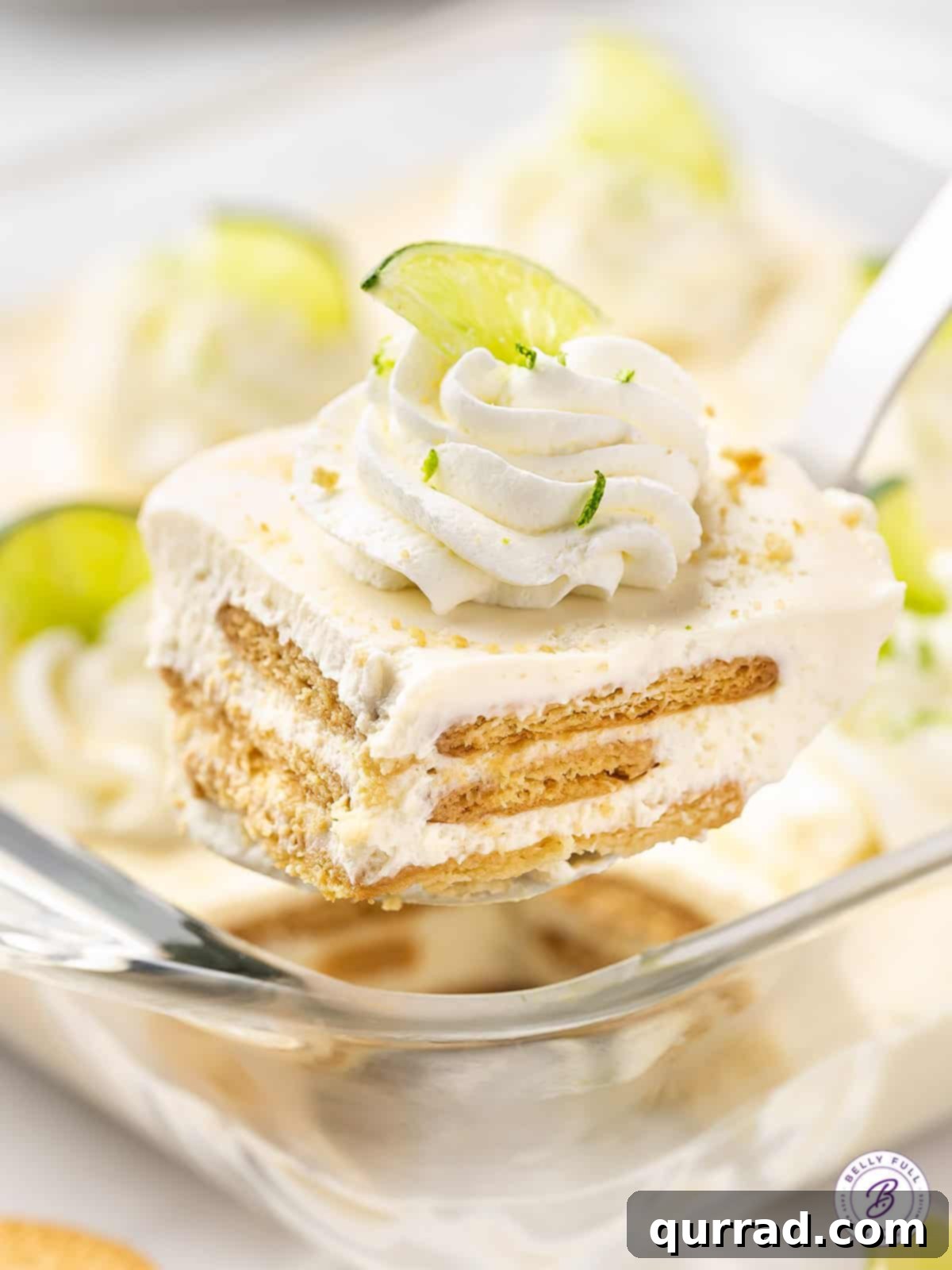 Lemon Icebox Cake 7 A serving of Carlota de Limón on a spatula, adorned with fresh lime zest and a delicate lime slice.