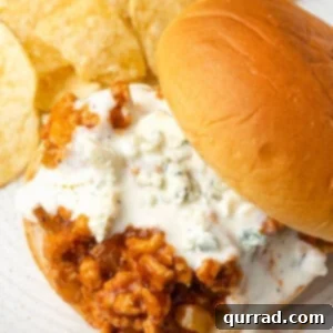 Buffalo Chicken Sandwich Mess 3 Overhead view of a buffalo chicken sloppy joe