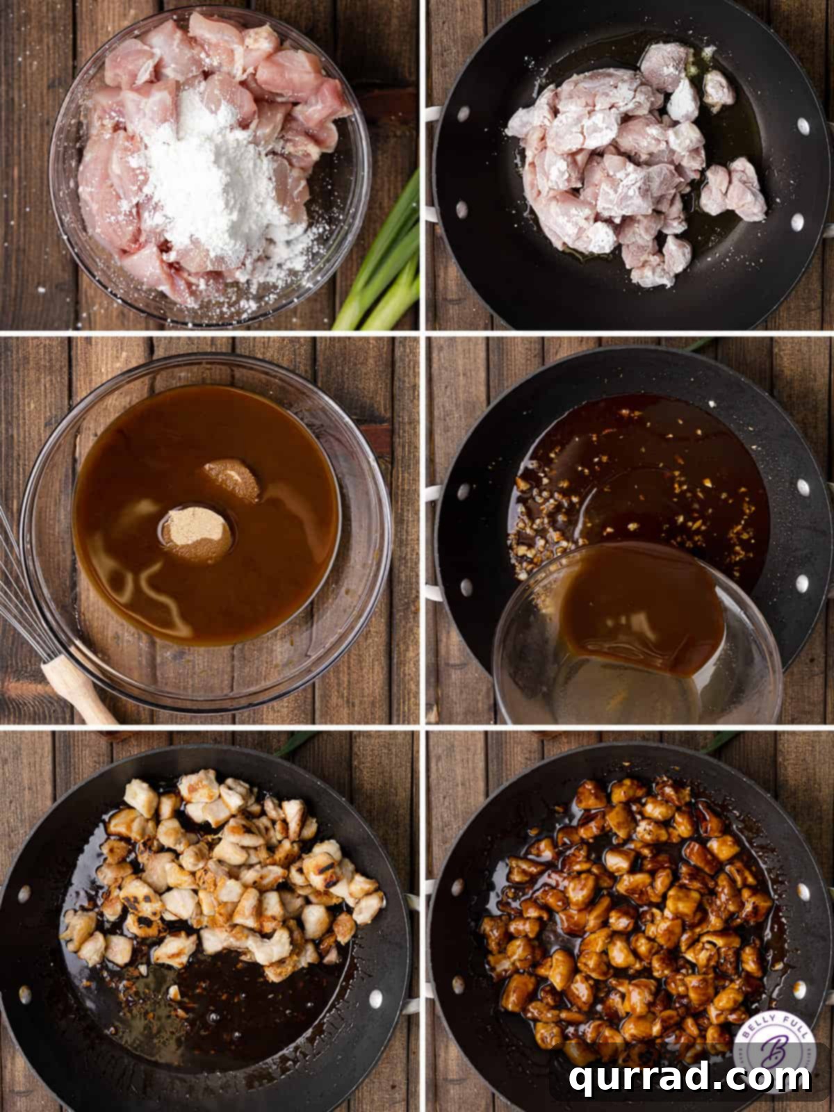 Step-by-Step Visual Guide to Making Bourbon Chicken at Home A series of process shots showing the step-by-step creation of homemade bourbon chicken, from searing the chicken pieces to simmering them in the rich, sticky sauce.
