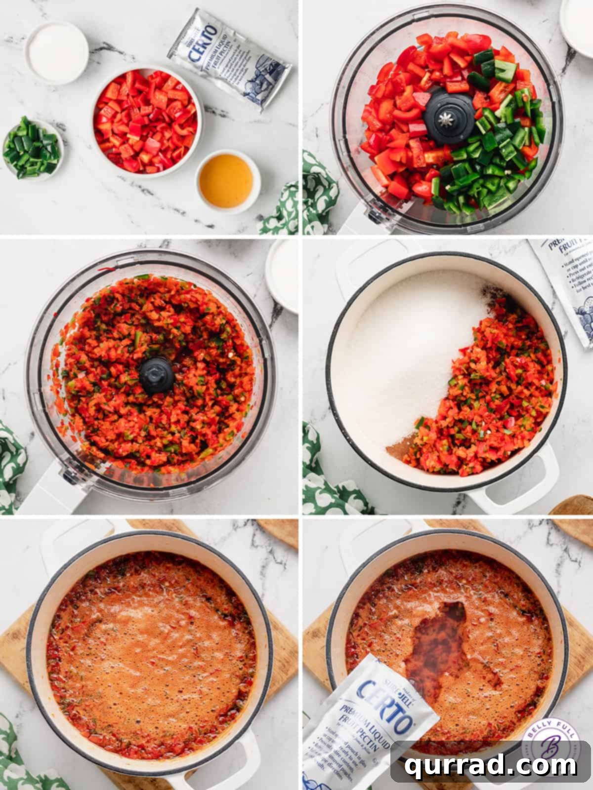 Process shots of how to make red pepper jelly, showing chopped peppers and mixture boiling.