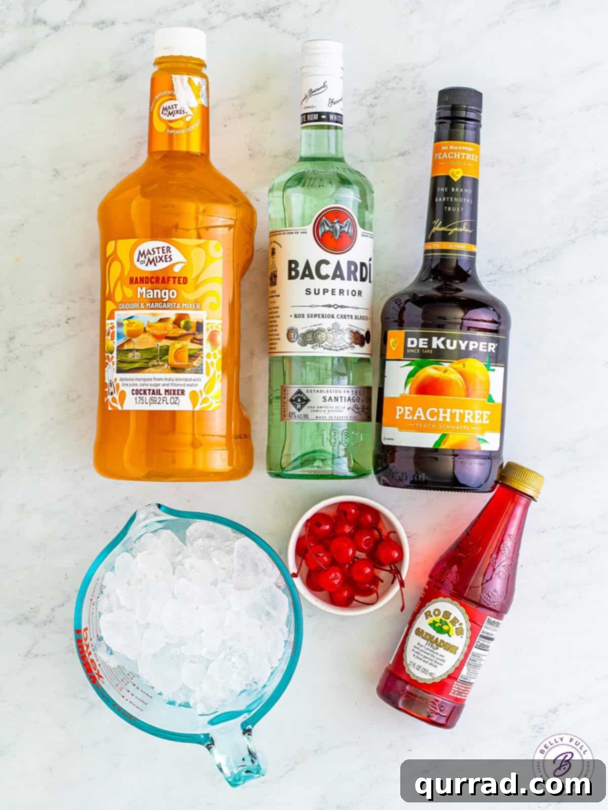 Key Ingredients for Your Kiss on the Lips Cocktail: Ice, Mango Mixer, Peach Schnapps, White Rum, Grenadine, and Cherries. All the essential ingredients for a homemade Kiss on the Lips Drink laid out: a bag of ice, a bottle of mango cocktail mixer, peach schnapps, white rum, a bottle of grenadine, and a jar of maraschino cherries for garnish. These simple components come together to create the perfect Carnival Cruise copycat.